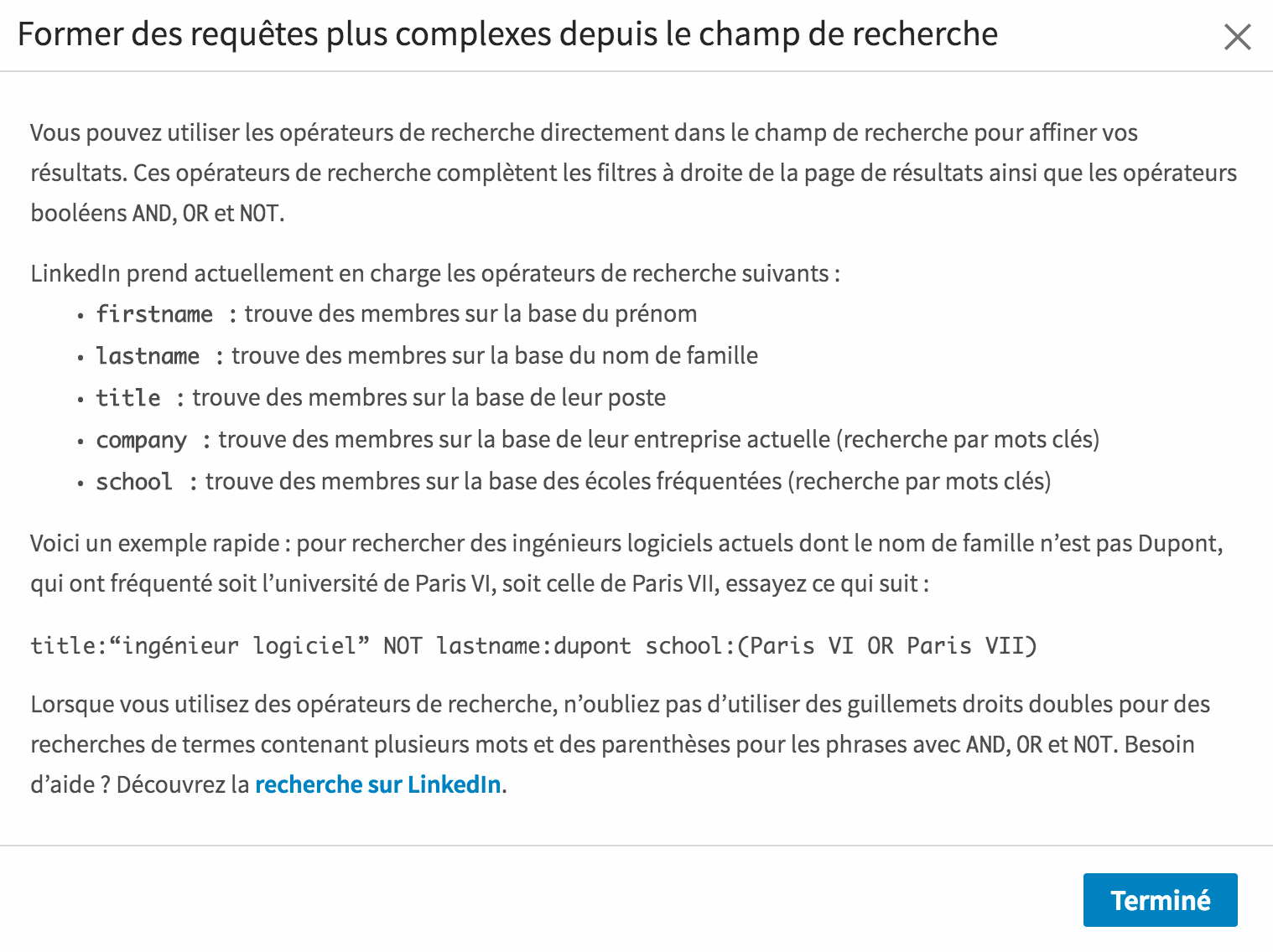 requêtes plus complexes dans linkedin